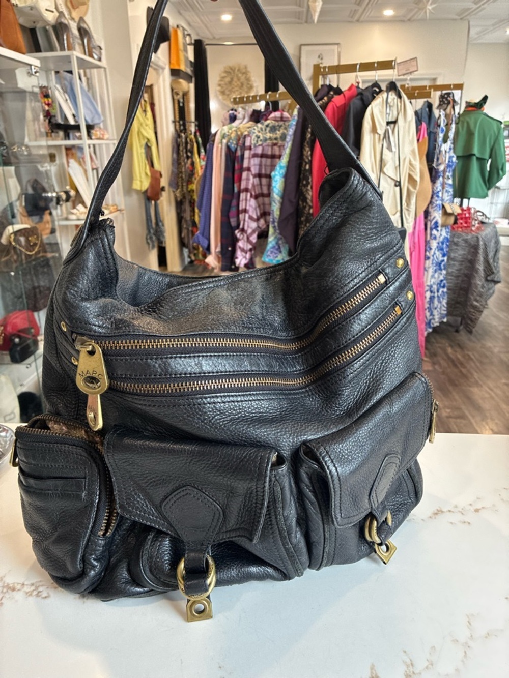 Marc Jacobs Black Leather Multi-Pocket Shoulder Bag with Gold Hardware
